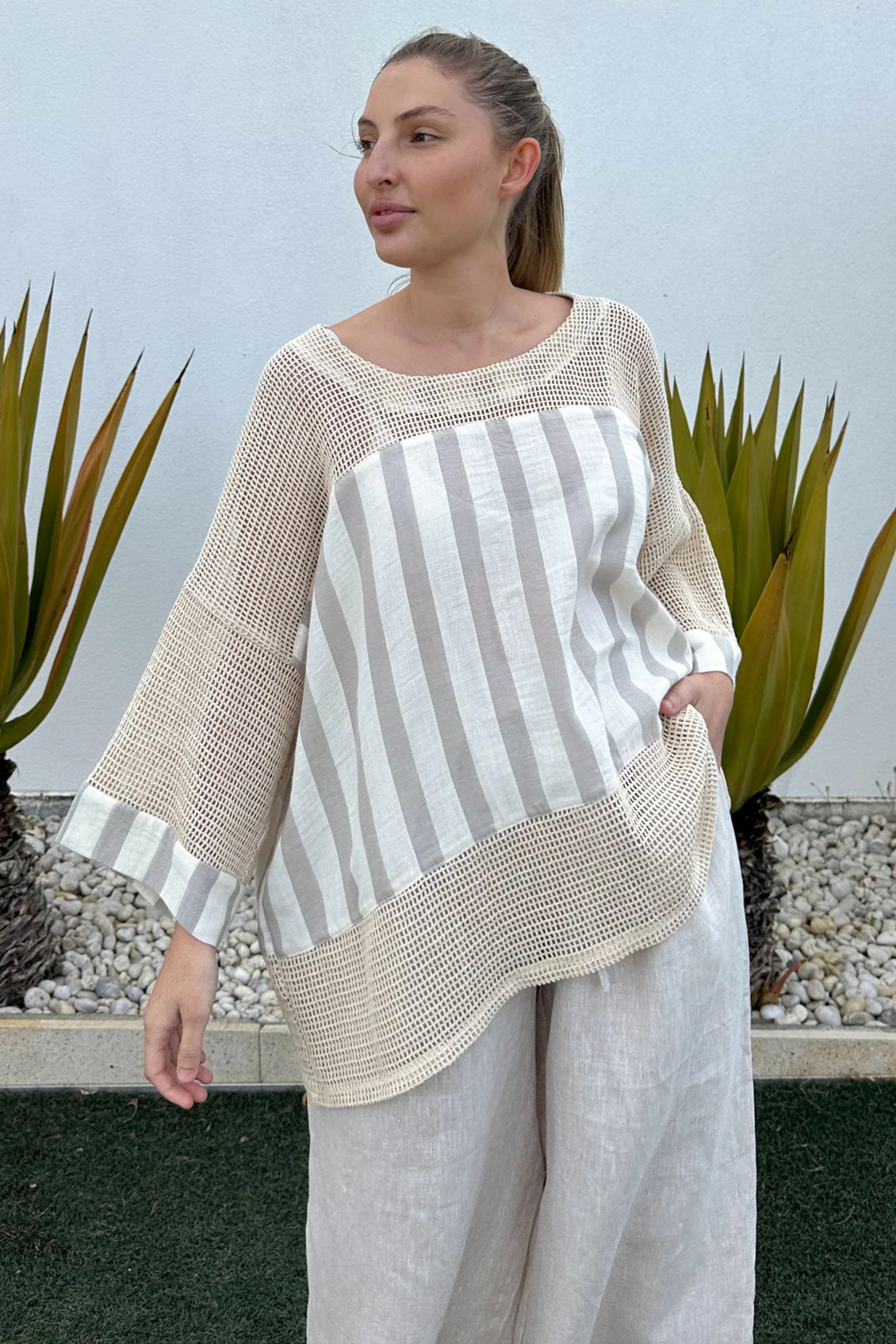 Kiik Luxe Mesh Contrast Mocha Stripe Top