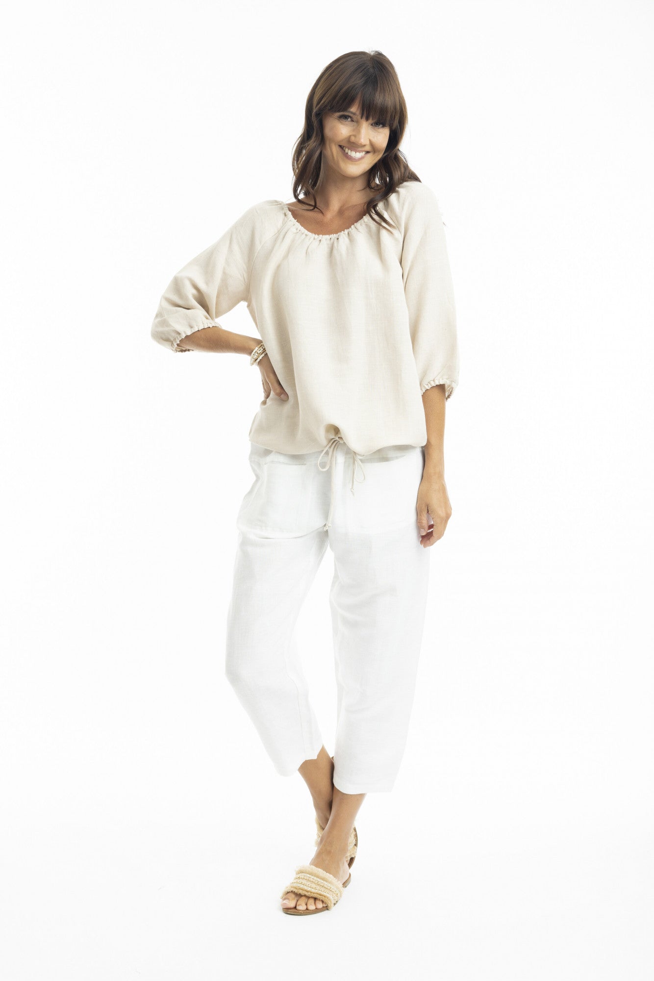 Escape by OQ Linen Gathered Neckline Top - Sand