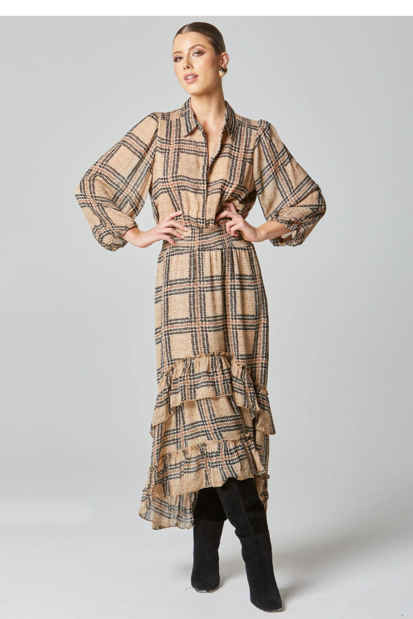 Fate+Becker Something Beautiful Midi Tan Houndstooth Dress