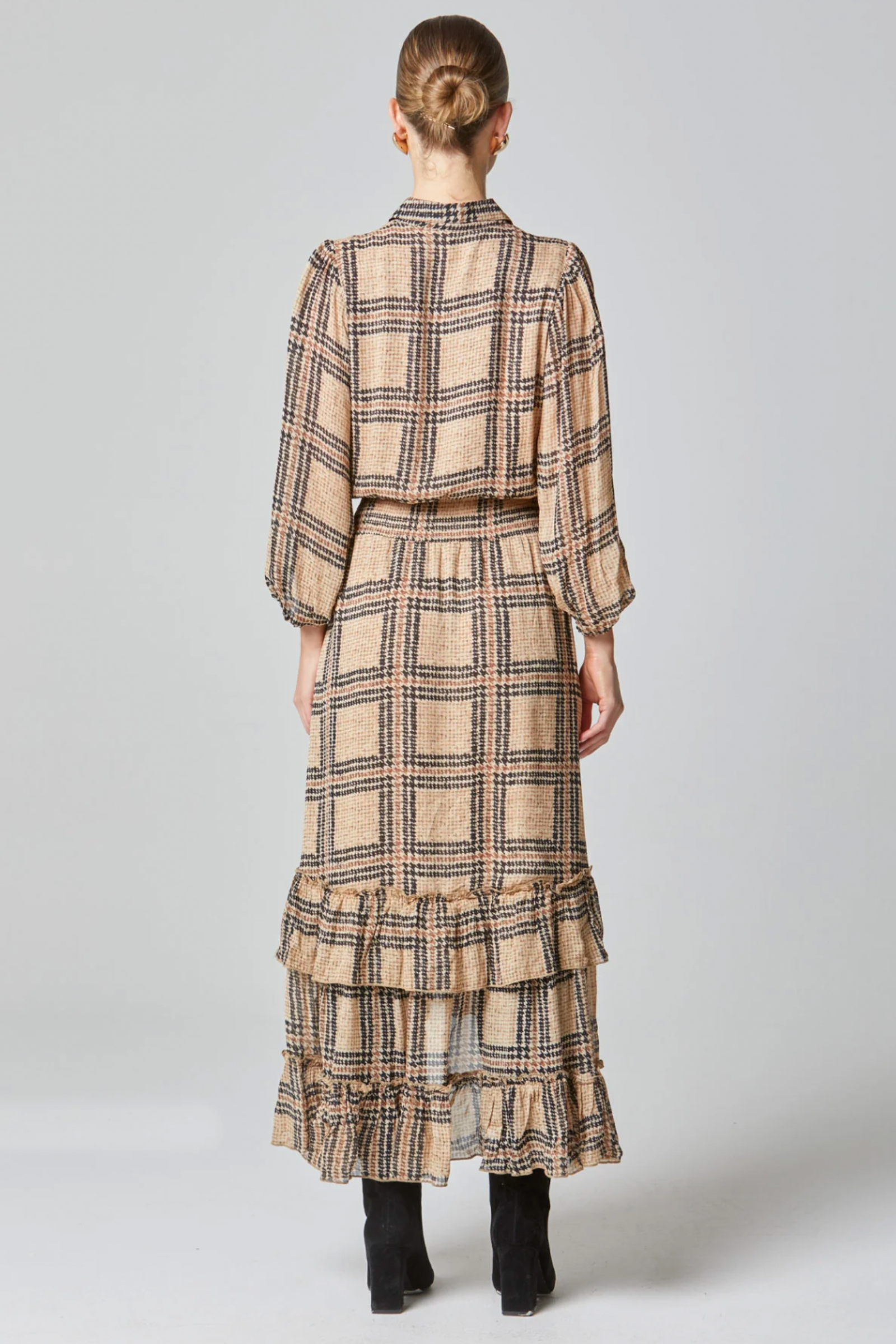 Fate+Becker Something Beautiful Midi Tan Houndstooth Dress