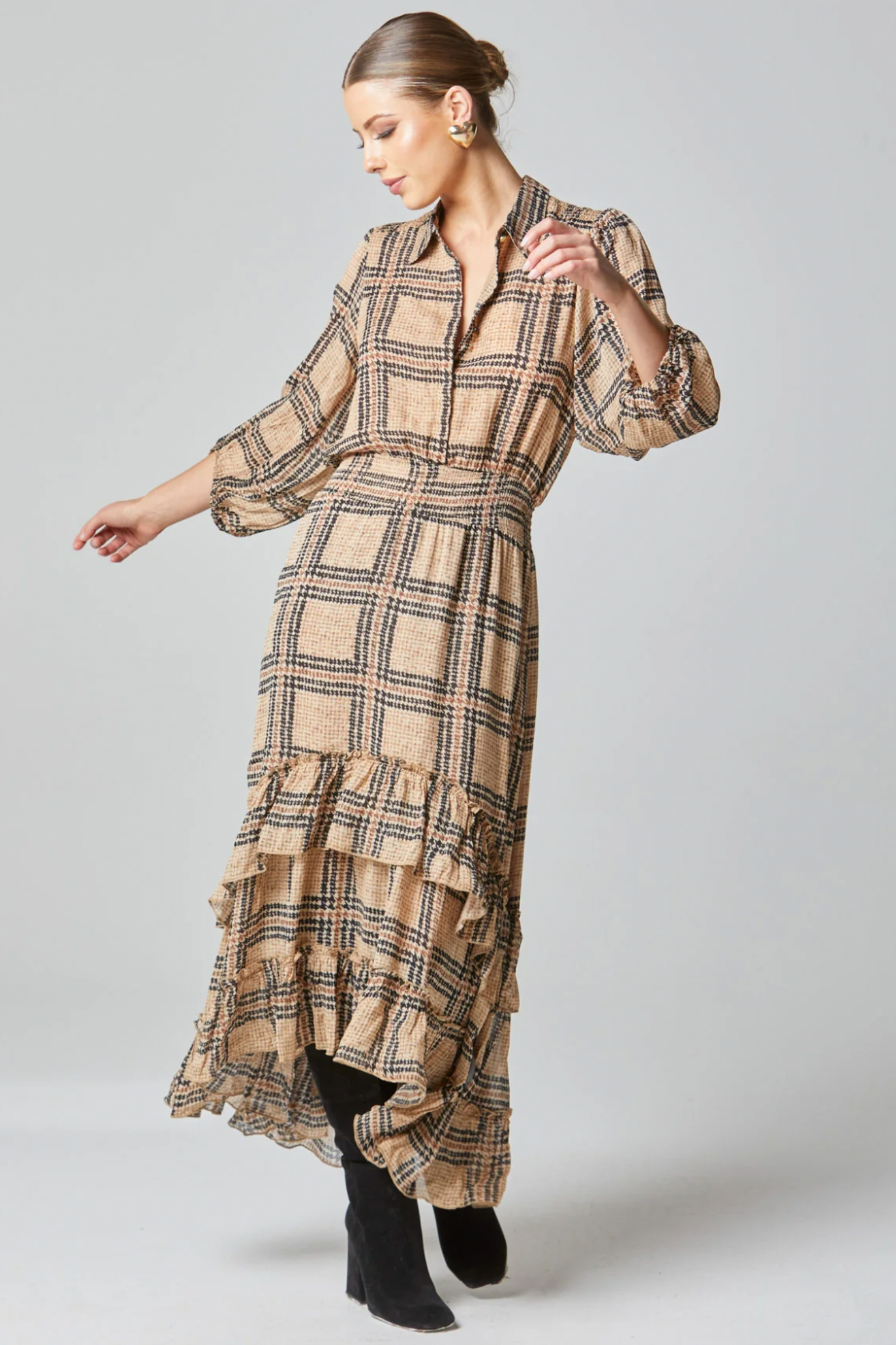 Fate+Becker Something Beautiful Midi Tan Houndstooth Dress