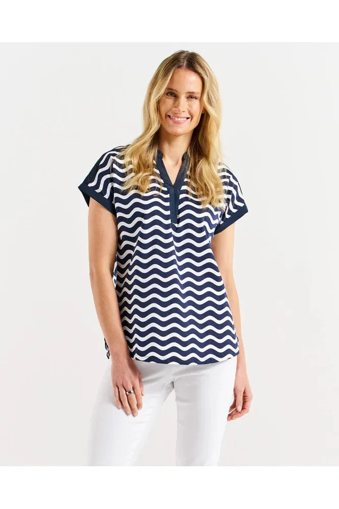 Betty Basics Birdie Tee Navy Wave Stripe