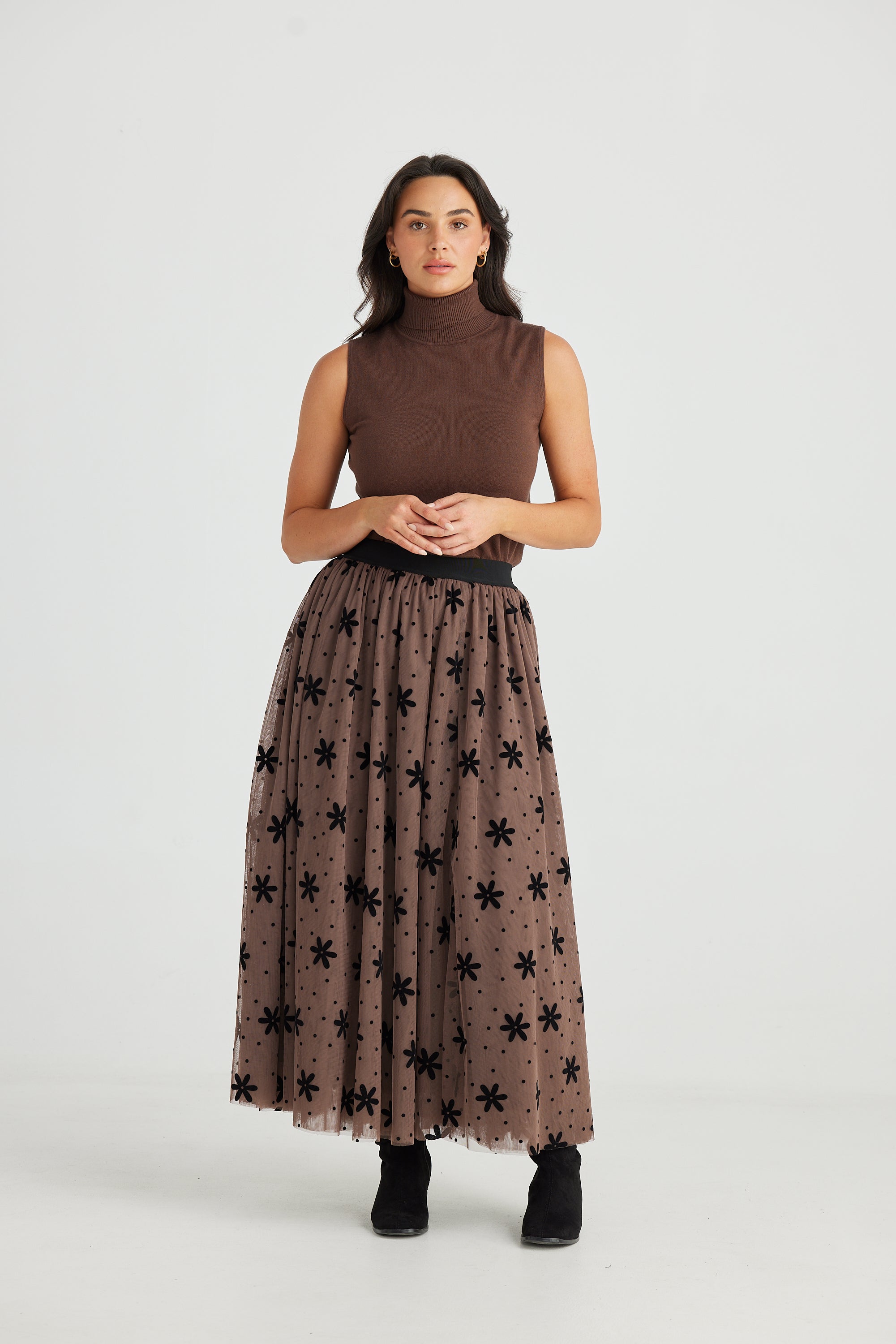 Brave and True Carrie Skirt Tan Floral Dot