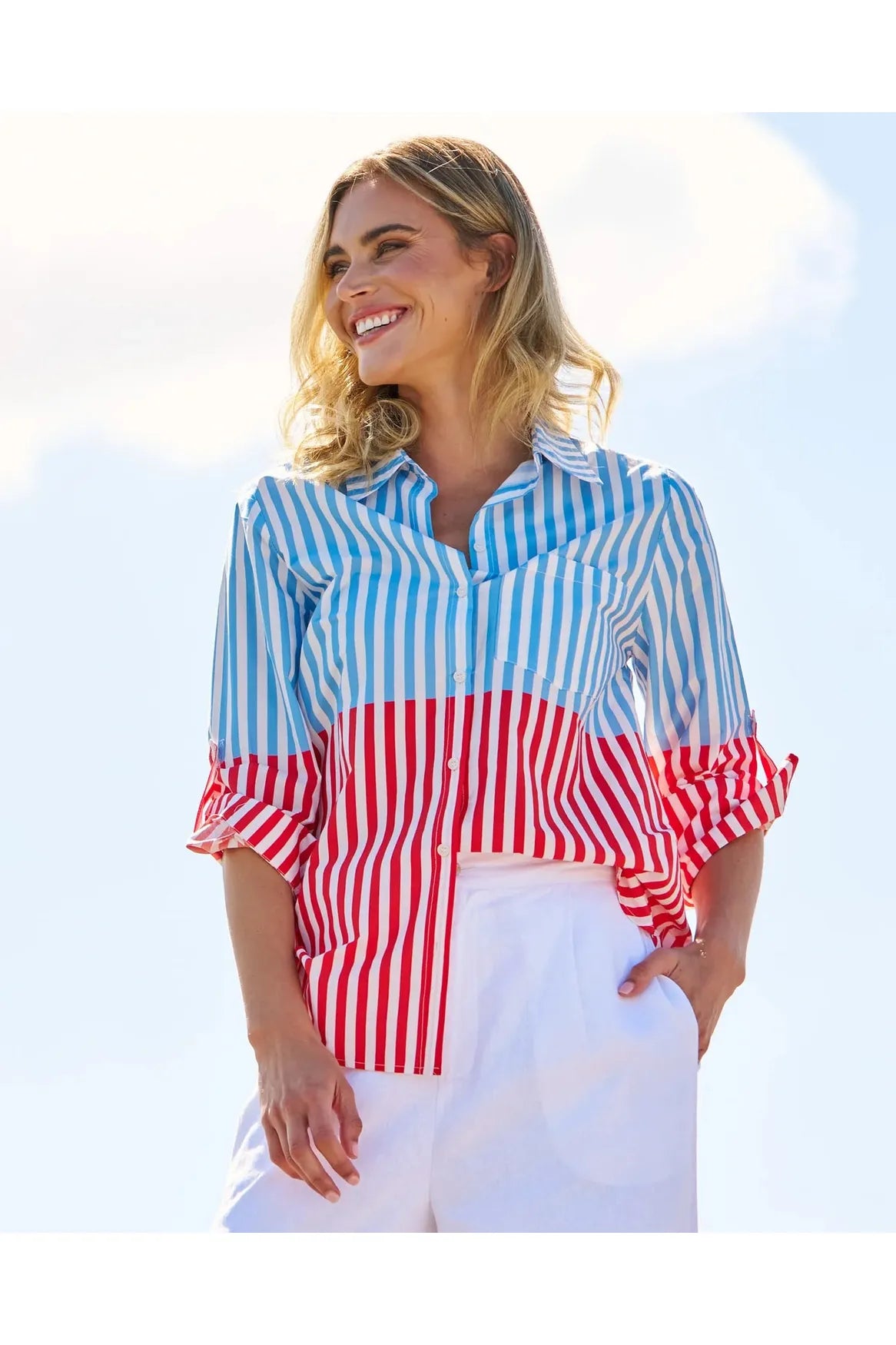 Betty Basics Camden Cotton Shirt Blue Cherry Red Stripe