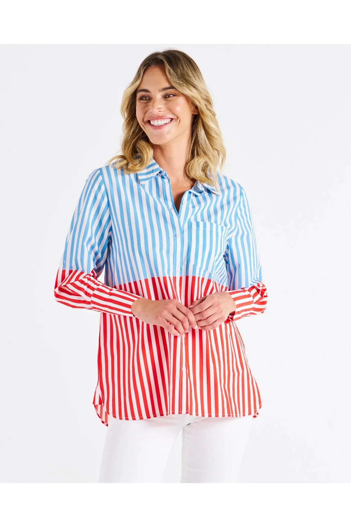 Betty Basics Camden Cotton Shirt Blue Cherry Red Stripe