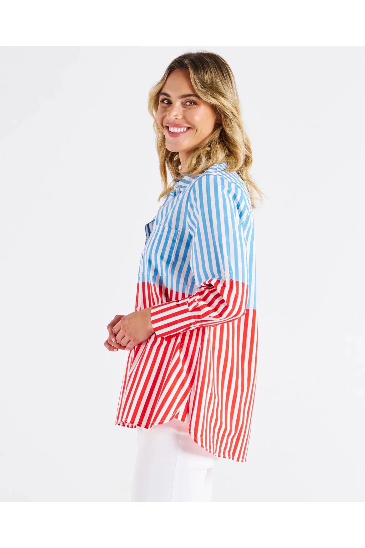 Betty Basics Camden Cotton Shirt Blue Cherry Red Stripe