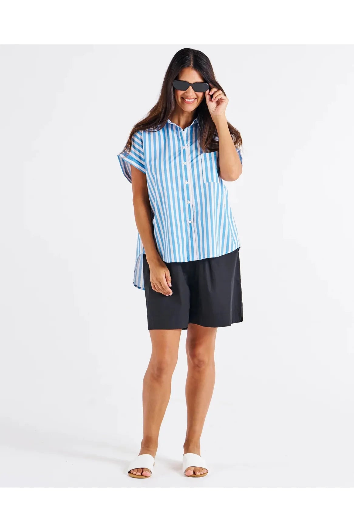 Betty Basics Mara Short Sleeve Shirt Blue Stripe