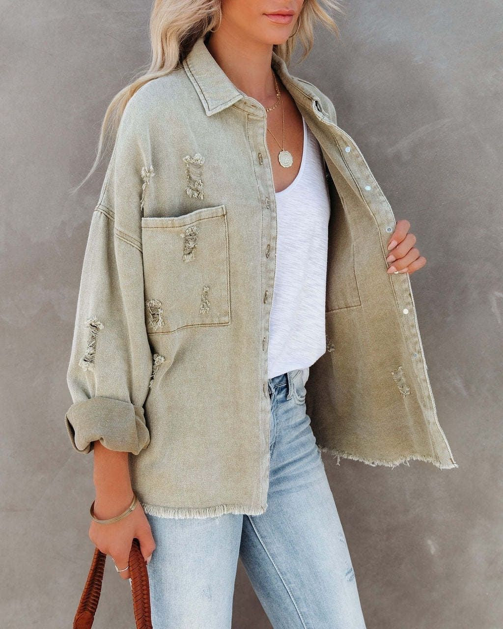 Cotton Relaxed Fit Denim Jacket Sage - Pre Order