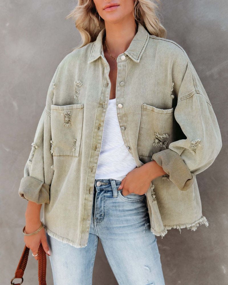 Cotton Relaxed Fit Denim Jacket Sage - Pre Order