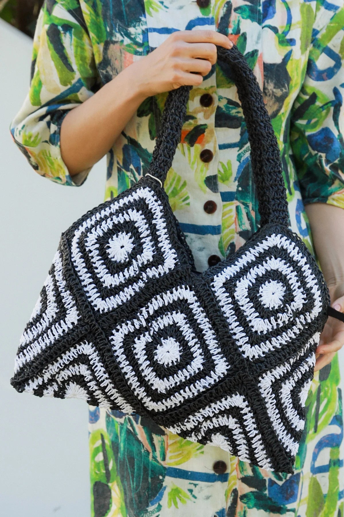 Woven Black and White Diamond Shoulder Bag