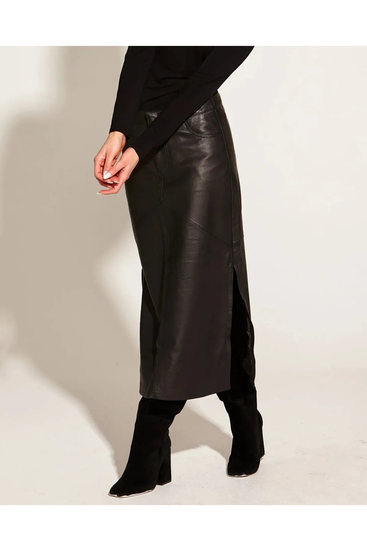 Fate + Becker Underground Leather High Waist Straight Midi Skirt Black