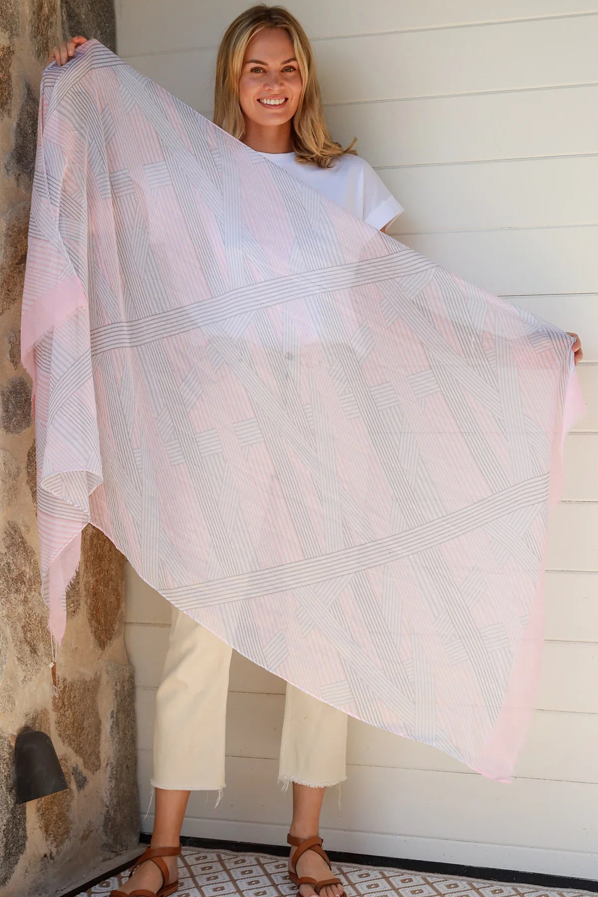 Pink Grey Geometric Sheer Spring Scarf