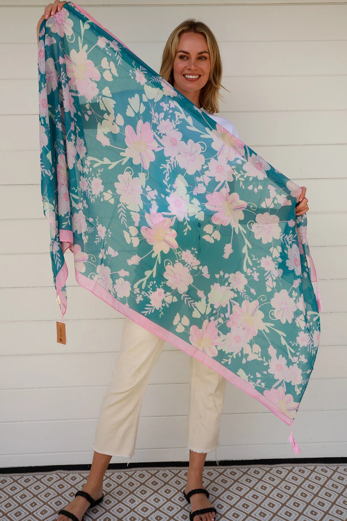 Turquoise Pink Floral Sheer Spring Scarf