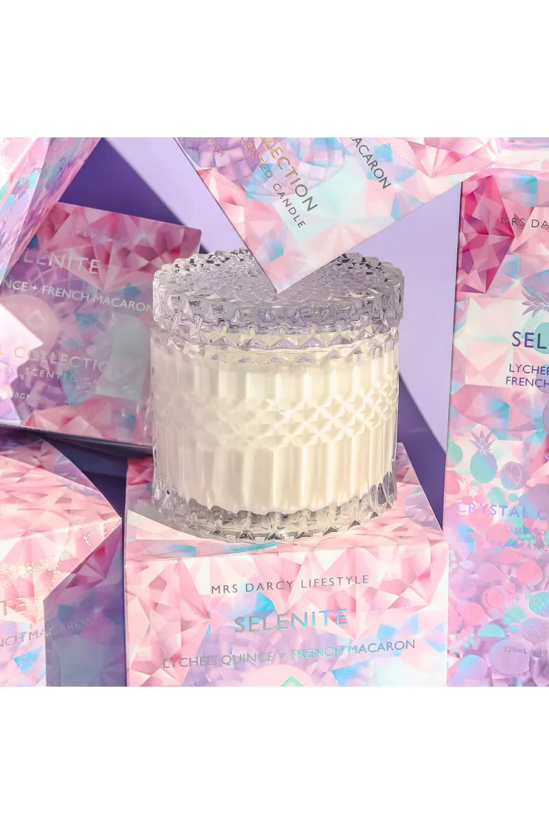 Mrs Darcy Selenite Candle - Lychee, Quince, French Macaron