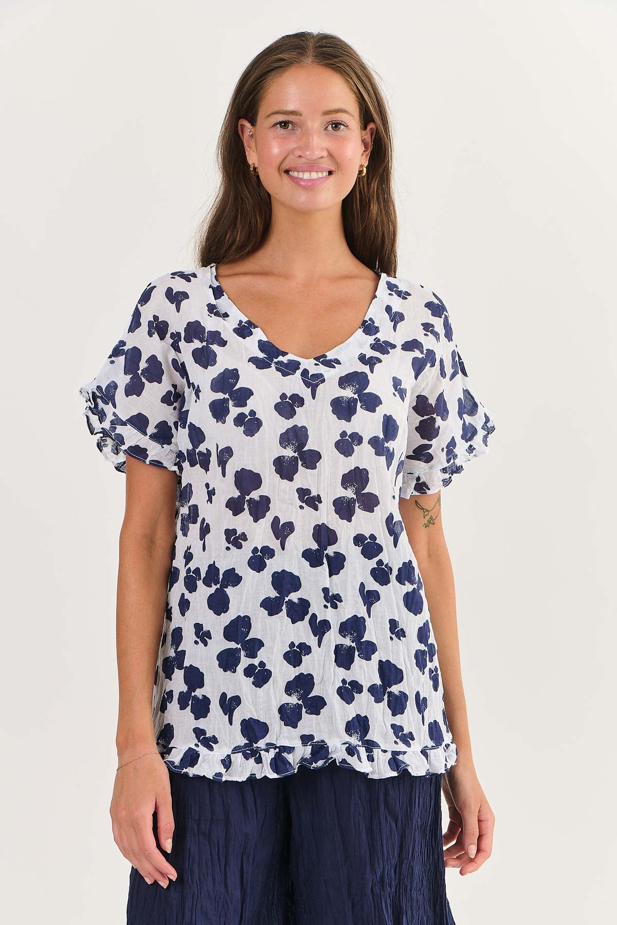 Namastai Ruffle Sleeve Cotton Top Bluebell