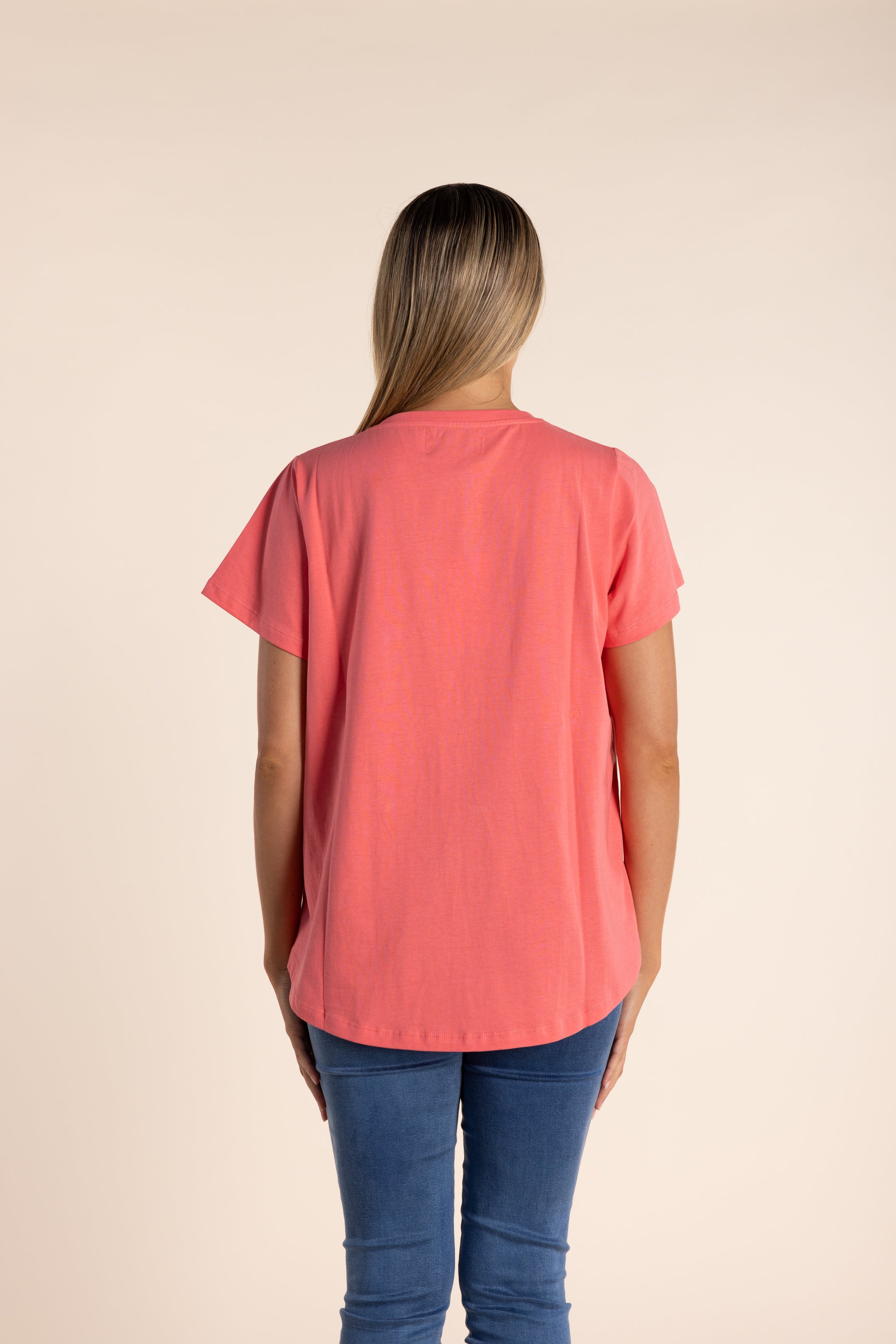 Two T's Sequin V Neck Tee Coral