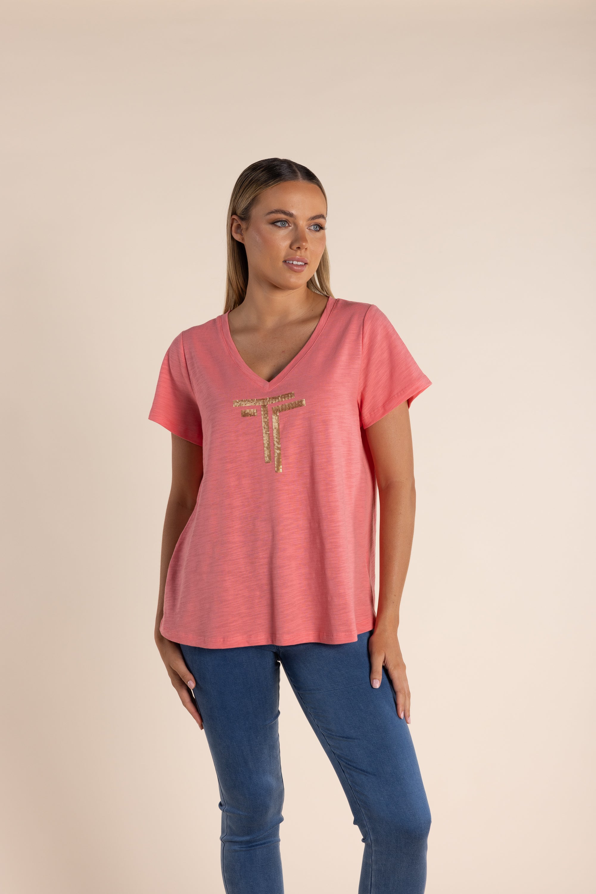 Two T's Sequin V Neck Tee Coral