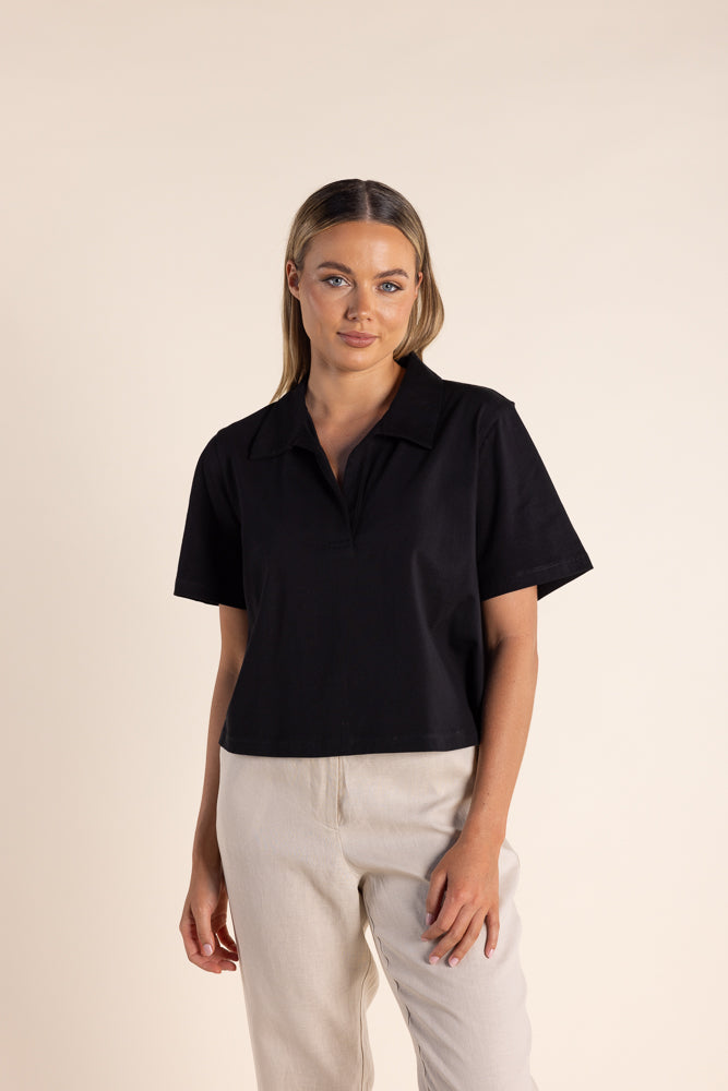 Two T's Crop Polo Tee Shirt - Black - Rose Pink- White