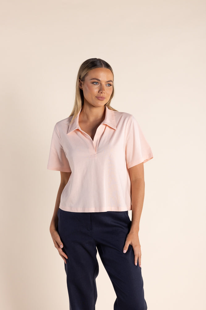 Two T's Crop Polo Tee Shirt - Black - Rose Pink- White