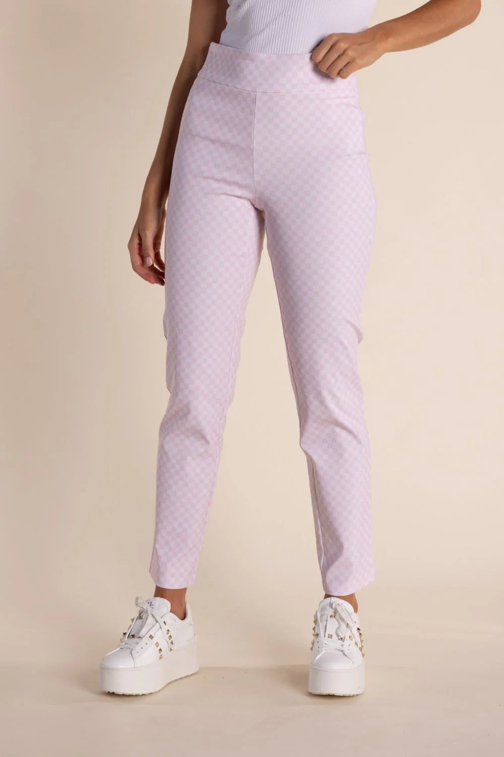 Two T's 7/8 Gingham Pull on Pants Pink Rose White