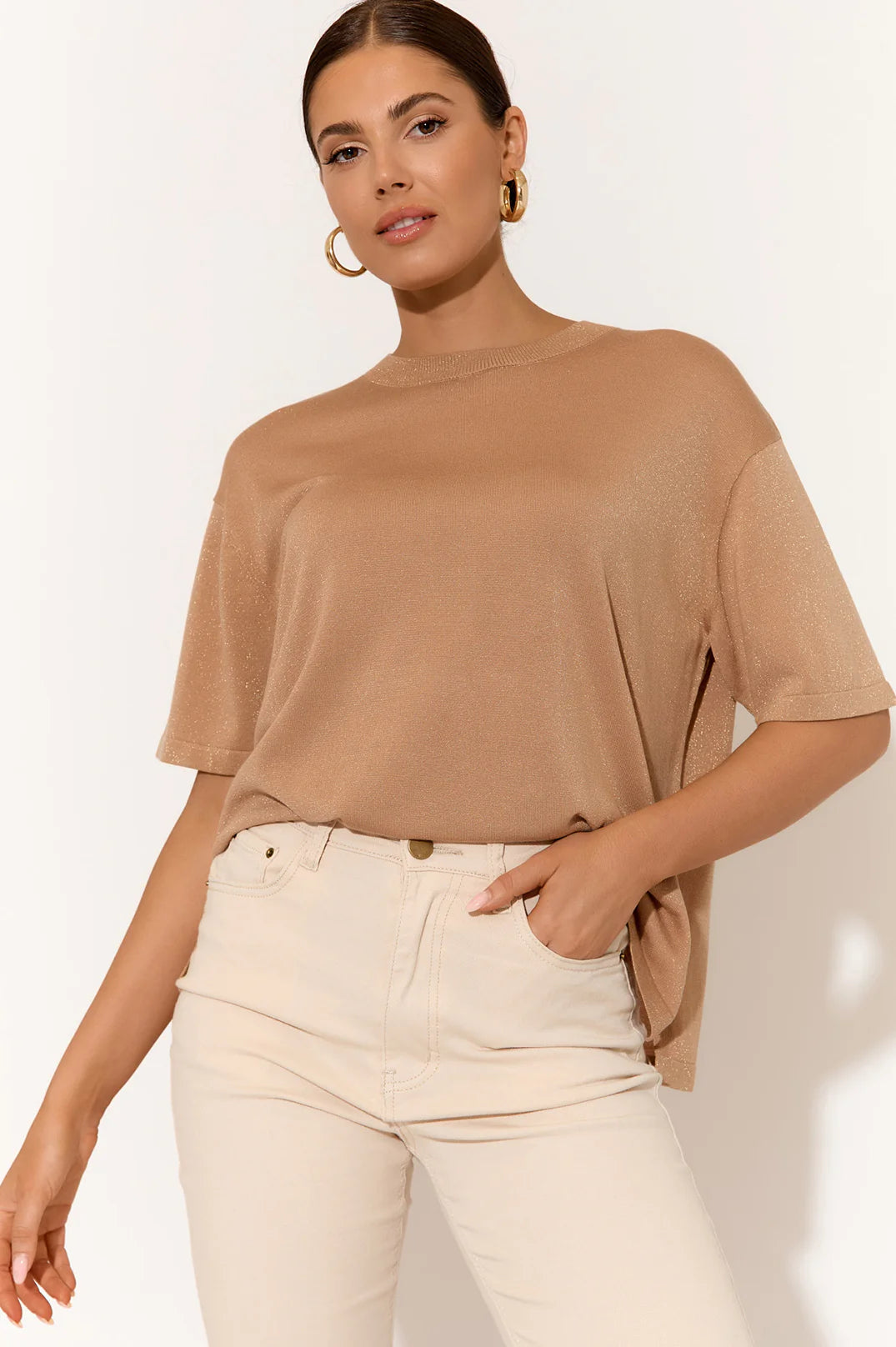 Adorne Laney Metallic Knit Top Camel