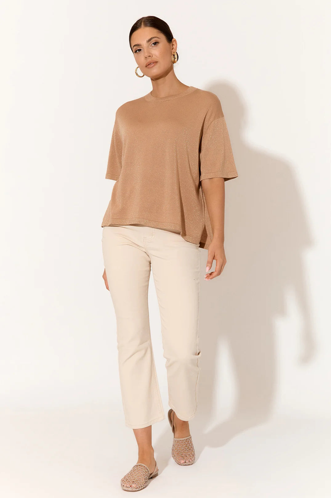 Adorne Laney Metallic Knit Top Camel