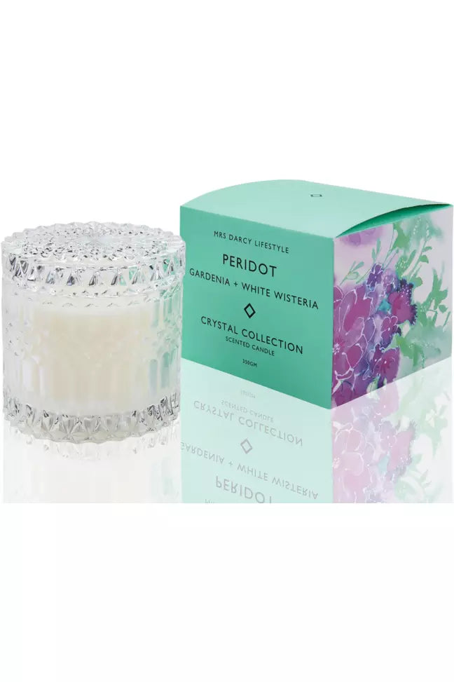 Mrs Darcy Peridot Crystal Candle - Gardenia + White Wisteria